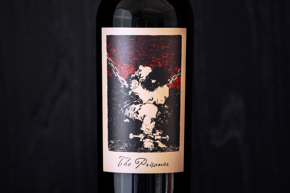 A close up of The Prisoner Wine Company's flagship red blend label.