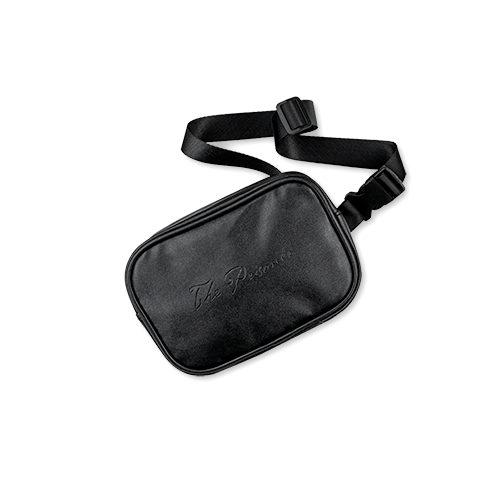 Leather belt bag with The Prisoner logo on the front on clear background