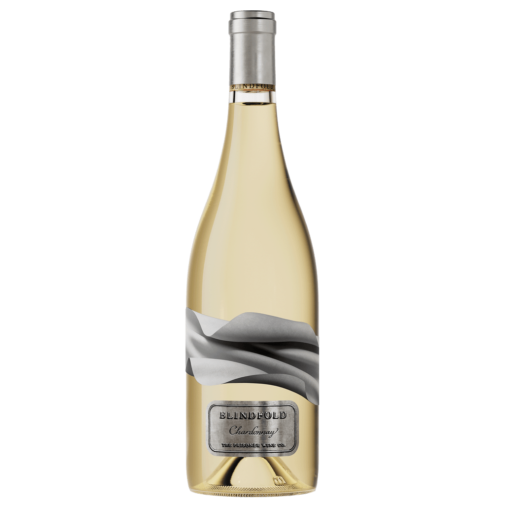 A bottle of Blindfold Chardonnay white wine with a silver foil capsule and a gray and white abstract label, set against a plain white background.