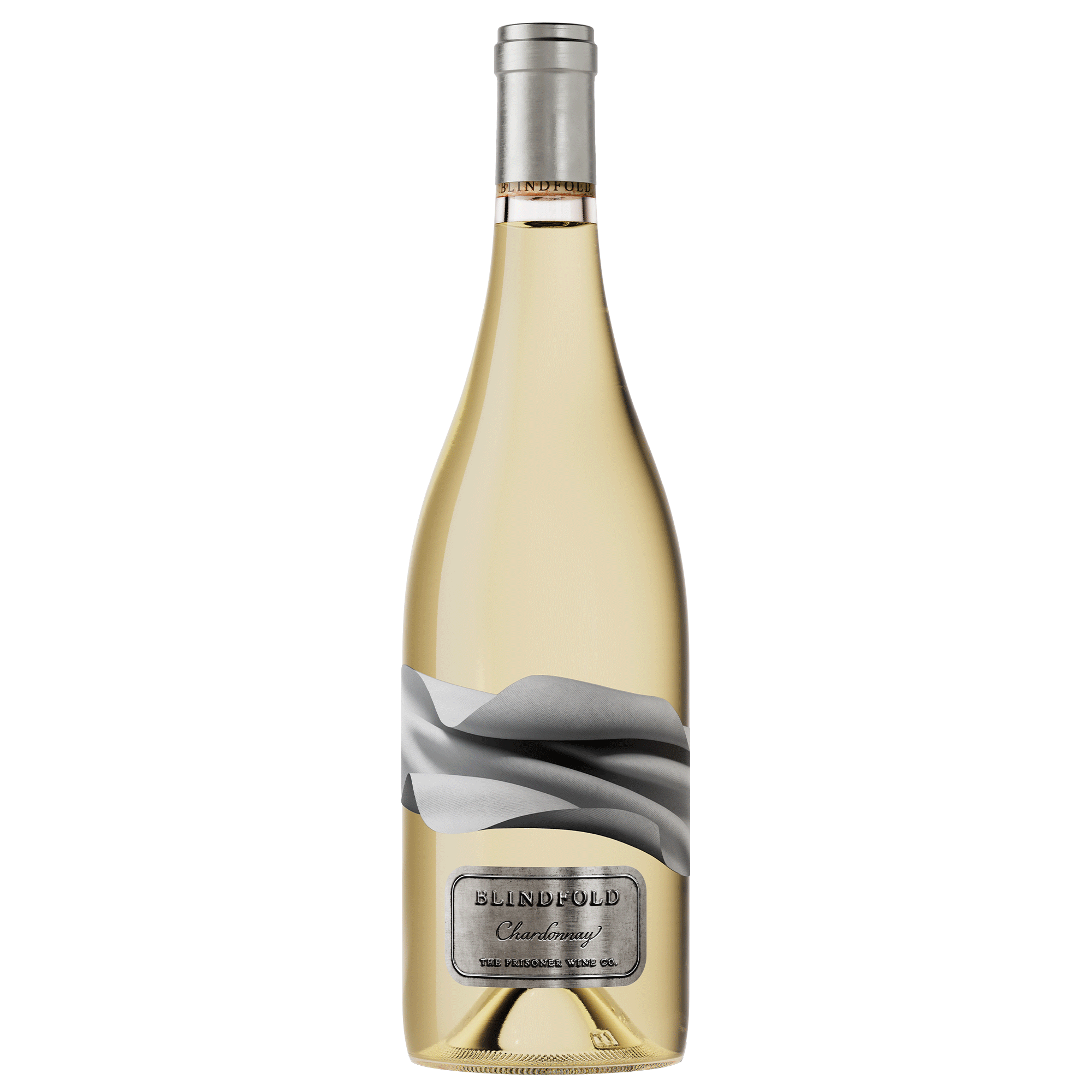 A bottle of Blindfold Chardonnay white wine with a silver foil capsule and a gray and white abstract label, set against a plain white background.