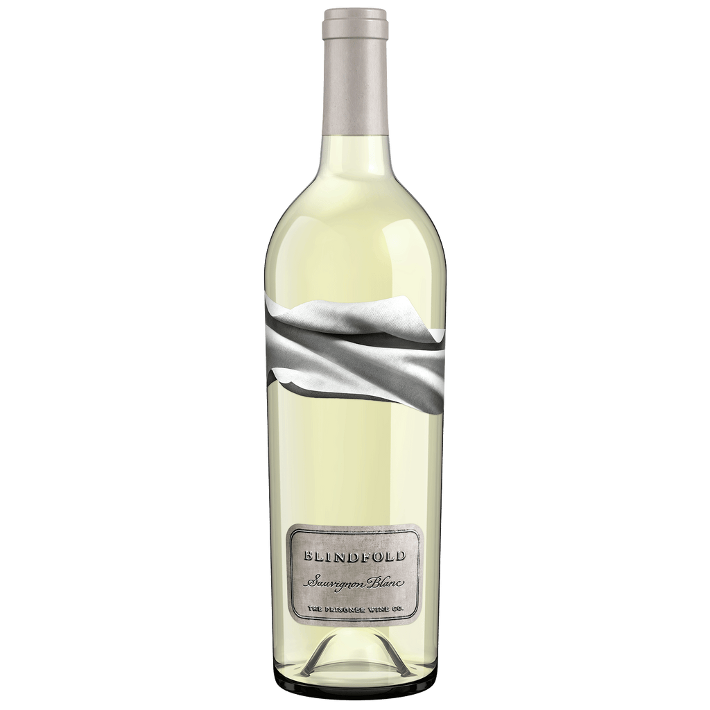 A bottle of Blindfold Sauvignon Blanc, featuring a pale yellowish-white wine liquid, a silver-gray draped ribbon graphic on the label, and a silver-gray screw cap, set against a plain white background.