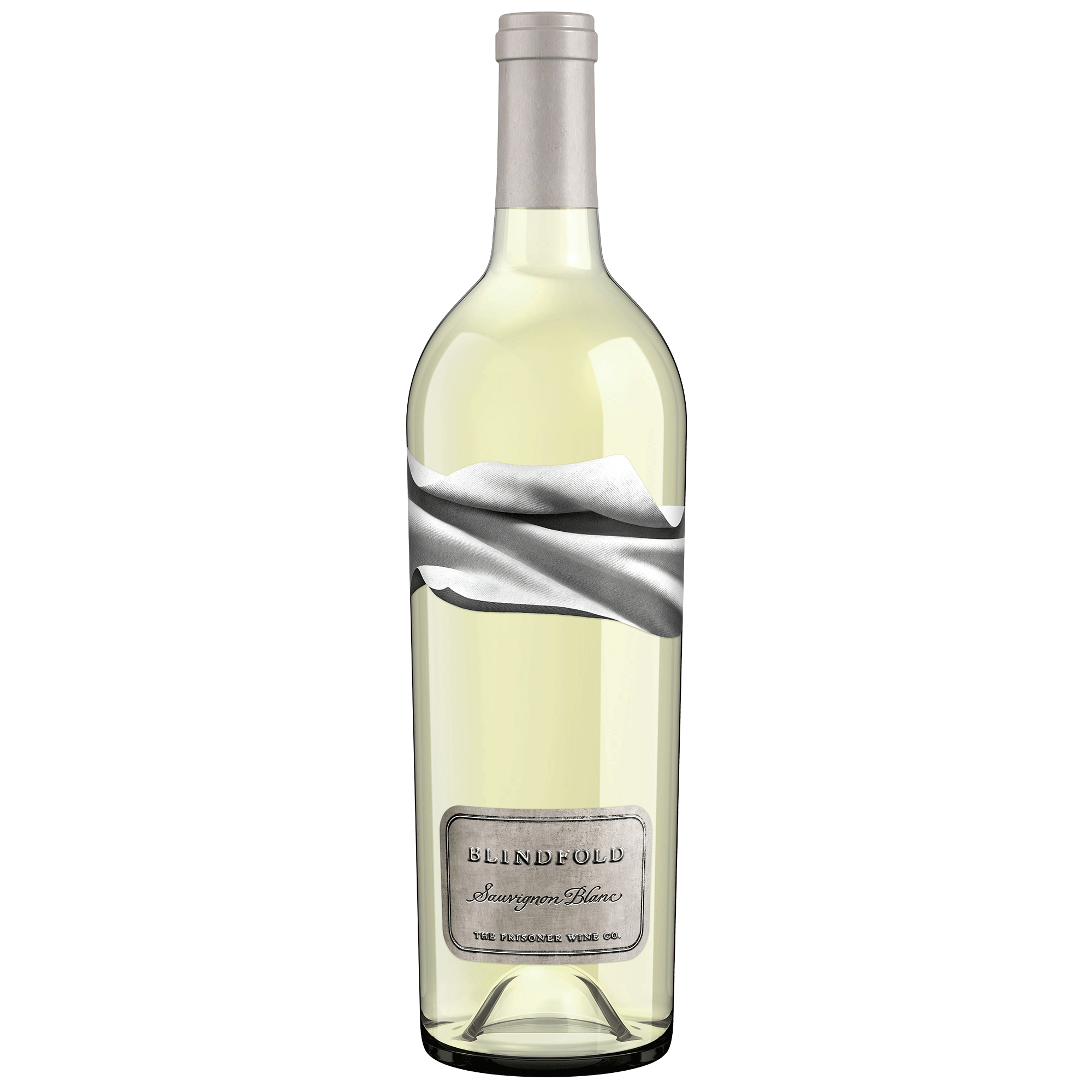 A bottle of Blindfold Sauvignon Blanc, featuring a pale yellowish-white wine liquid, a silver-gray draped ribbon graphic on the label, and a silver-gray screw cap, set against a plain white background.