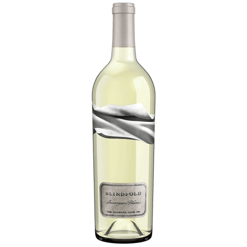 A bottle of Blindfold Sauvignon Blanc, featuring a pale yellowish-white wine liquid, a silver-gray draped ribbon graphic on the label, and a silver-gray screw cap, set against a plain white background.