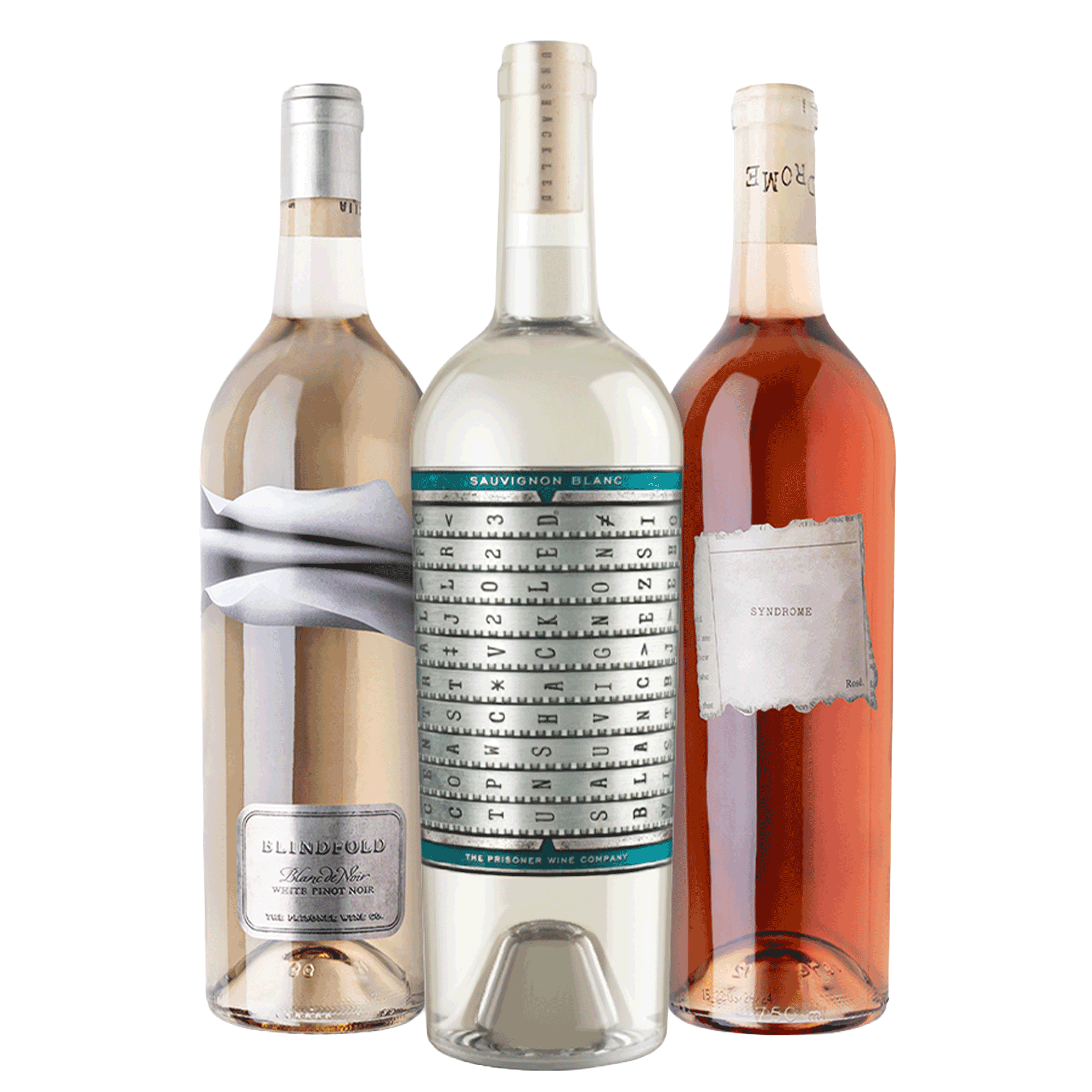 Three wine bottles grouped together against a plain white background: a bottle of Blindfold Blanc de Noirs on the left, a bottle of Unshackled Sauvignon Blanc in the center , and a bottle of The Prisoner Syndrome Rosé on the right.