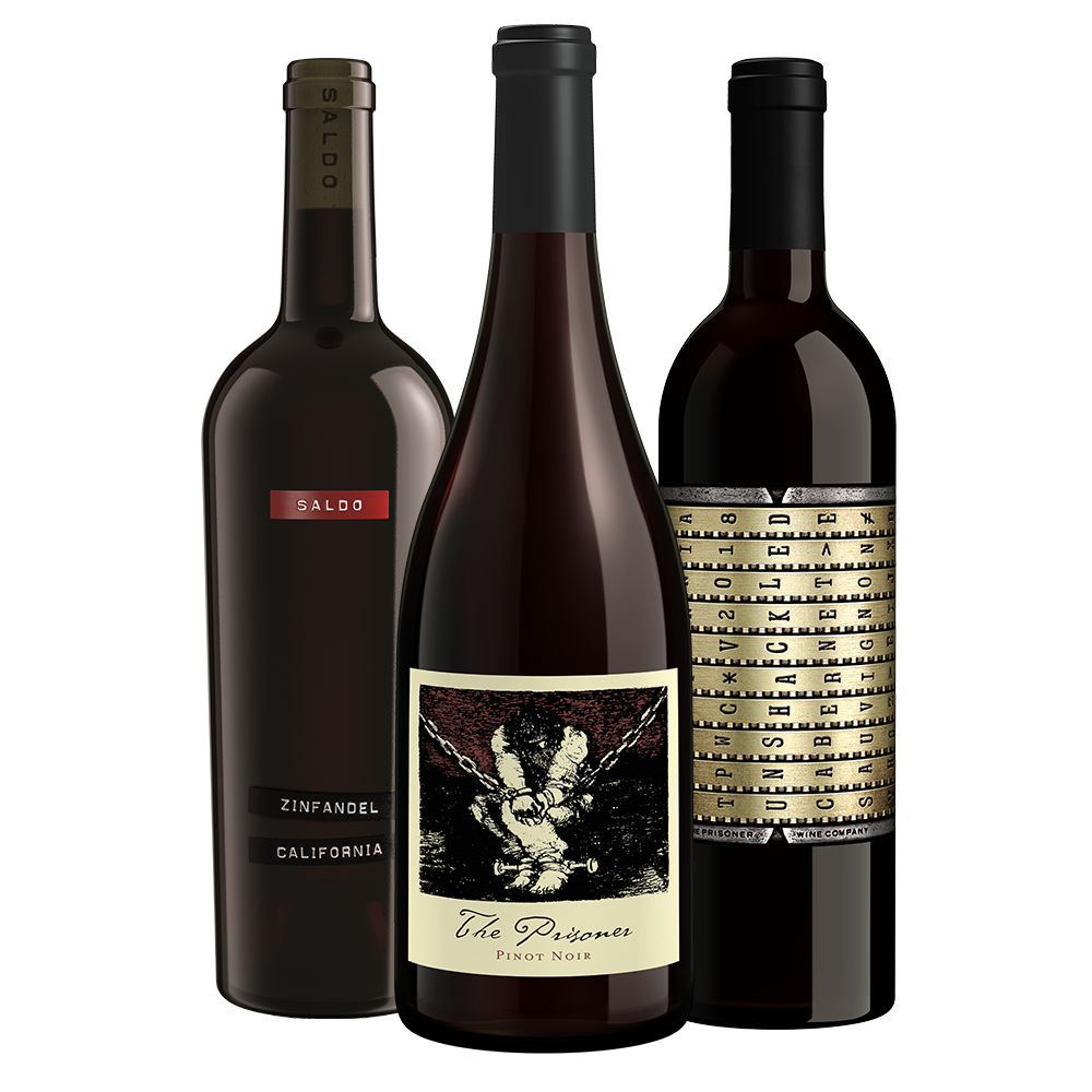 Three bottles of wine from the California Red Collection, including labels indicating they are Pinot Noir, Cabernet Sauvignon, and Zinfandel varieties.