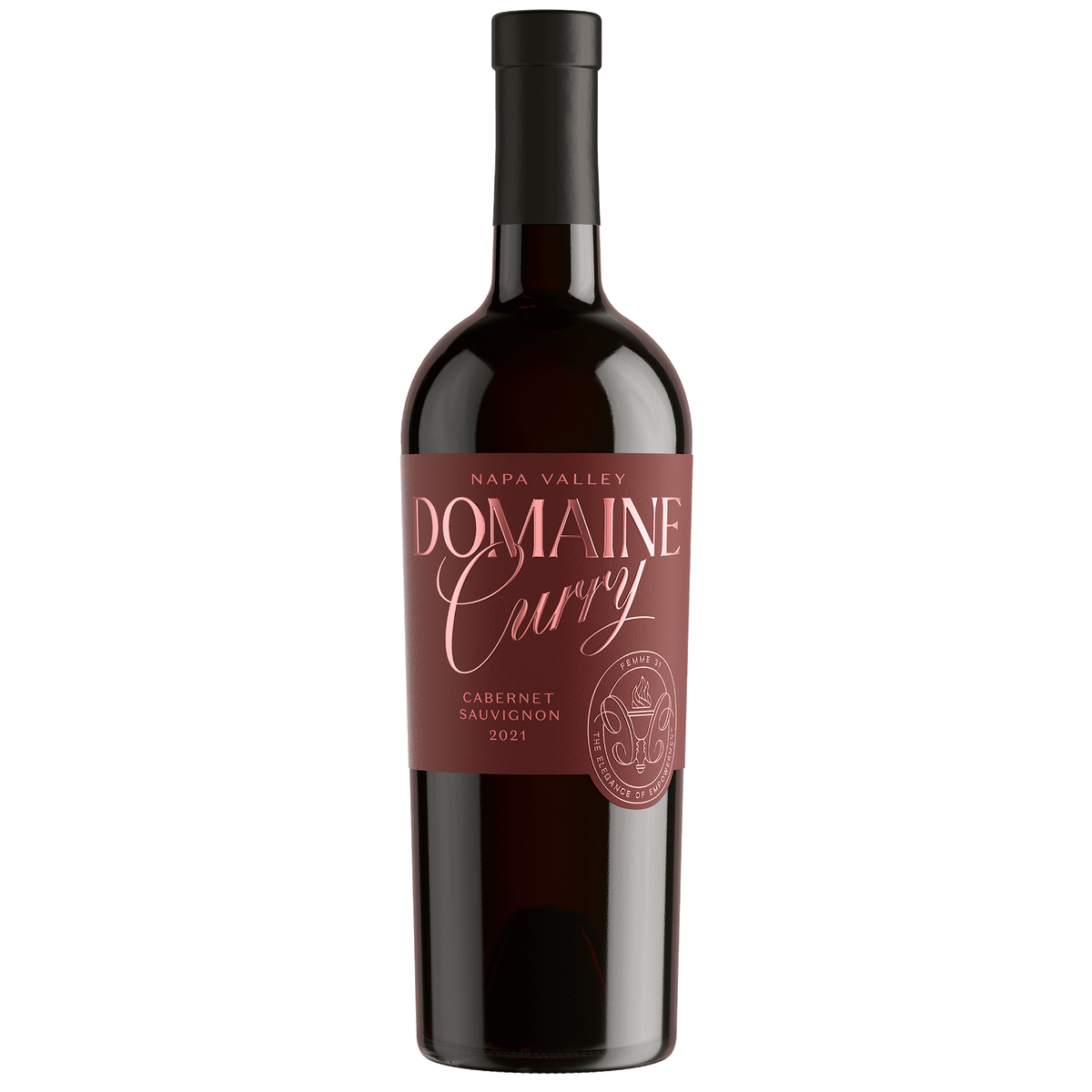 A bottle of Domaine Curry Napa Valley Cabernet Sauvignon 2021, featuring a dark glass bottle with a black cap and a dusty rose label with gold lettering.