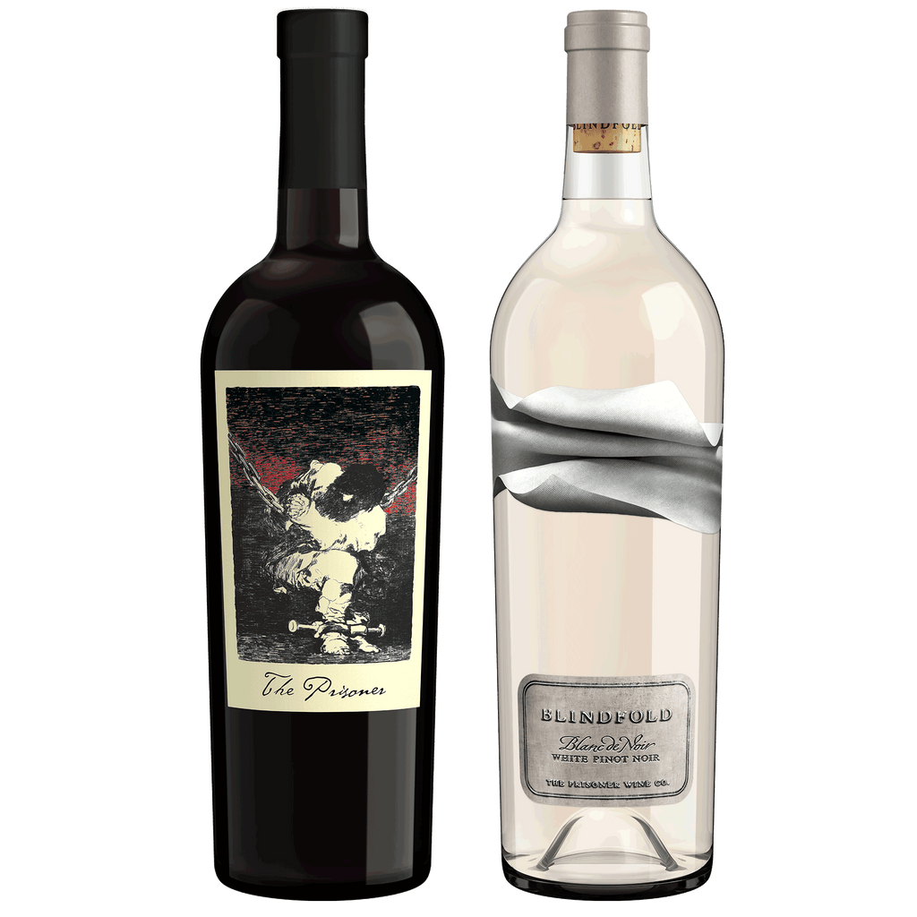 A bottle of The Prisoner Red Blend and a bottle of Blindfold Blanc de Noirs on a blank background
