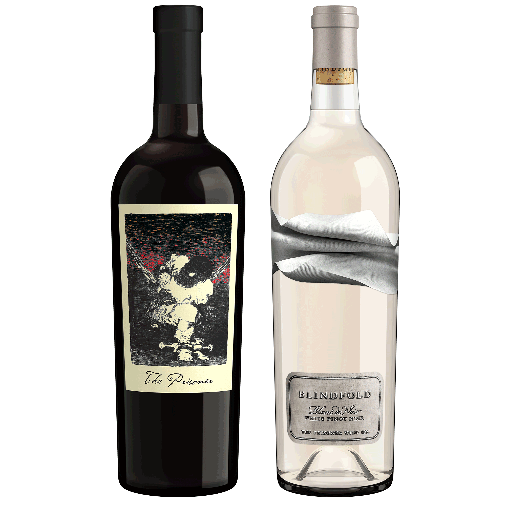 A bottle of The Prisoner Red Blend and a bottle of Blindfold Blanc de Noirs on a blank background