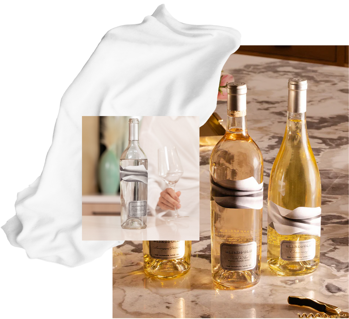 Two wine bottles with decorative labels on a marble surface.
