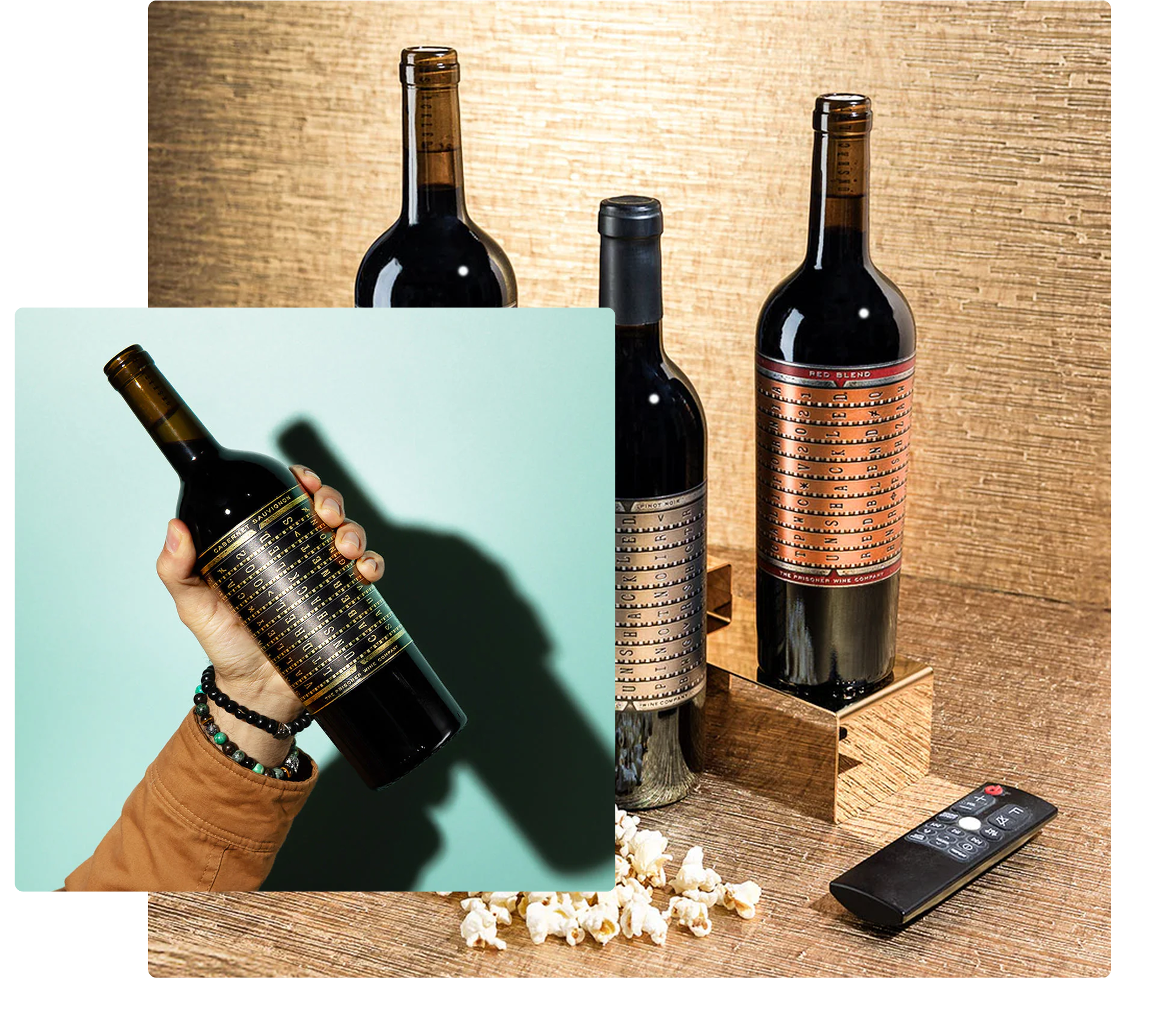 Collage of wine bottles with different labels, a hand holding a bottle, and popcorn on a table.
