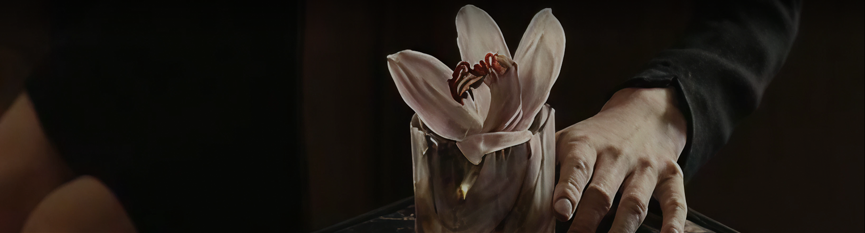 A pale pink flower in a clear glass vase, with a person's hand resting near it against a very dark background.