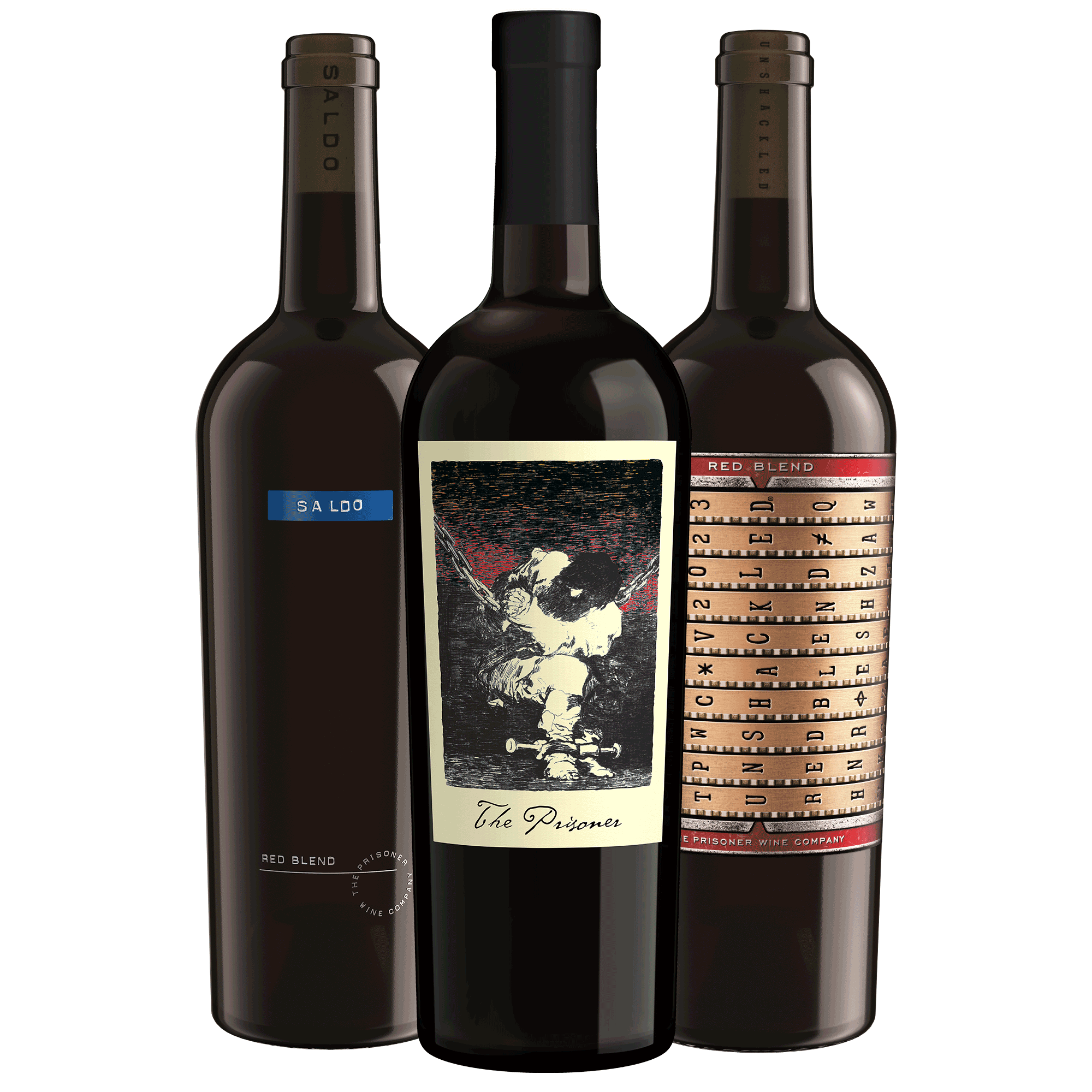 Three dark glass wine bottles grouped together on a white background. The center bottle is The Prisoner Red Blend'; the left bottle is dark brown with a blue 'SALDO' label; the right bottle is also dark brown with a beige and red patterned Unshackled Red Blend label.
