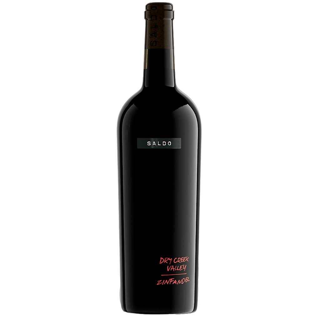 A bottle of 2022 SALDO ZINFANDEL DRY CREEK VALLEY wine with a dark label and red text.