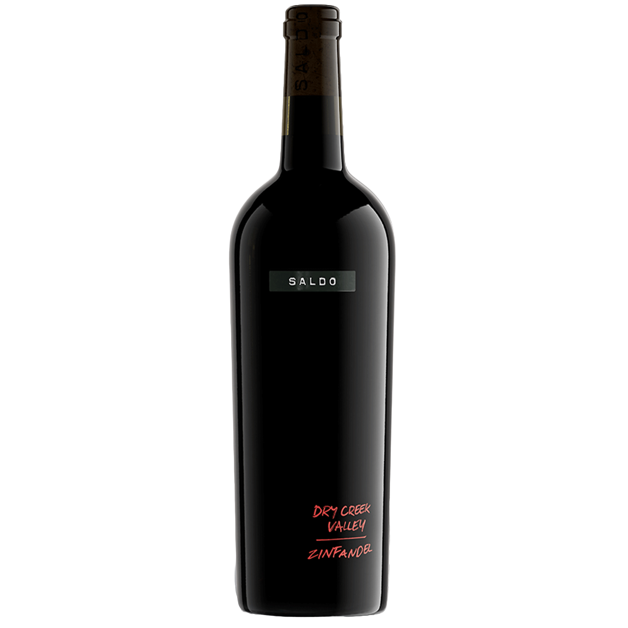 A bottle of 2022 SALDO ZINFANDEL DRY CREEK VALLEY wine with a dark label and red text.