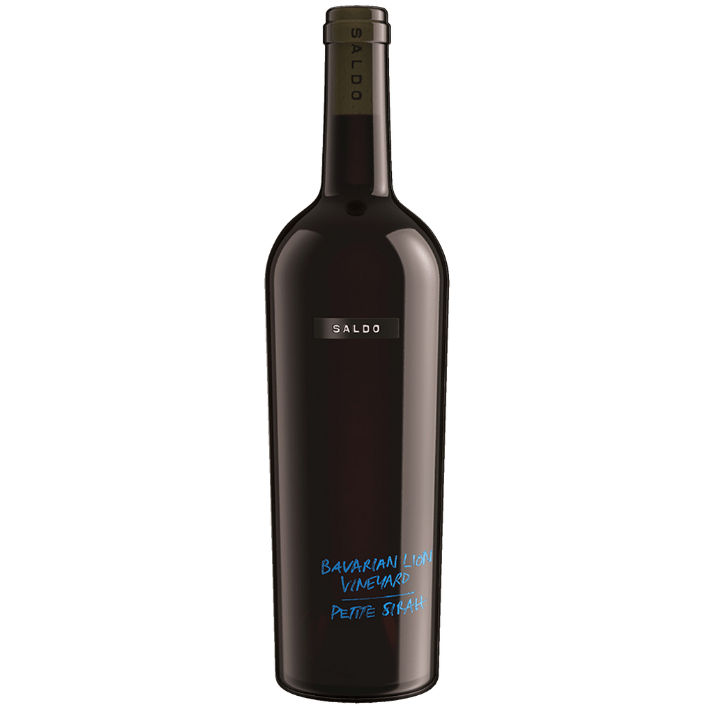 A dark glass bottle of SALDO Bavarian Lion Vineyard Petite Sirah wine on a solid white background.