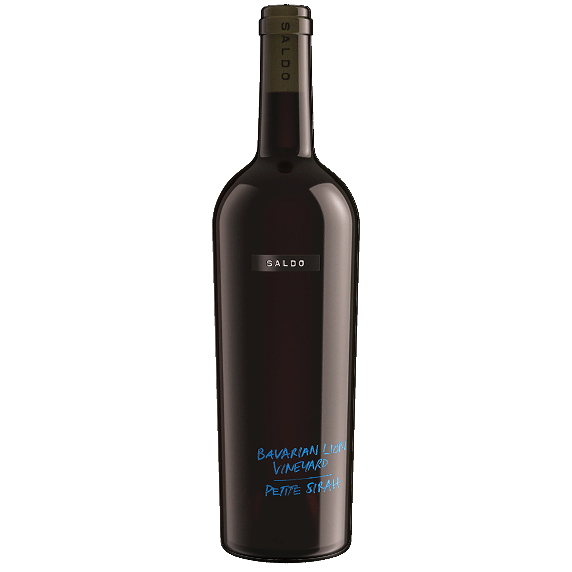 A dark glass bottle of SALDO Bavarian Lion Vineyard Petite Sirah wine on a solid white background.