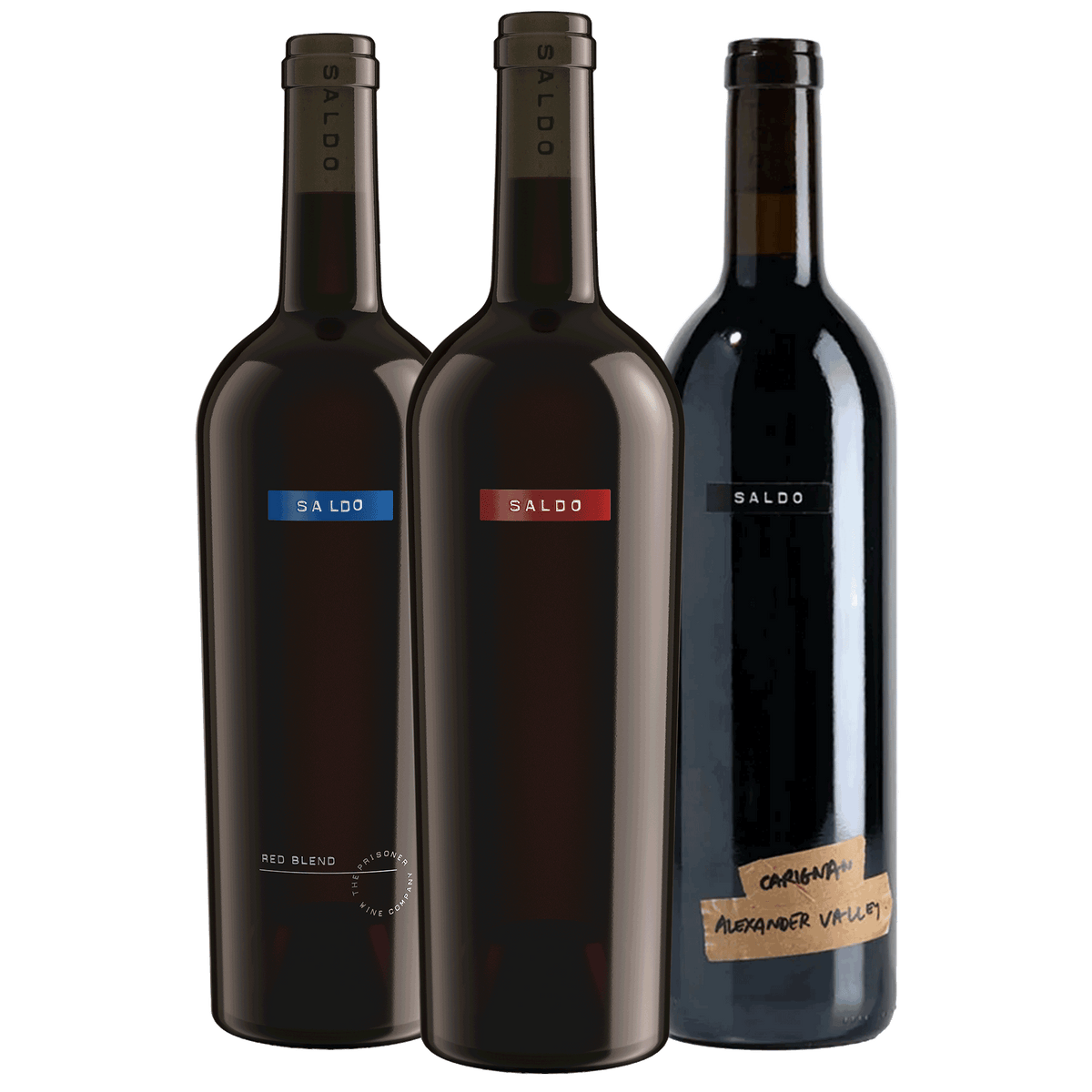 Three Saldo wine bottles on a white background: the Red Blend bottle with a blue label accent, the Zinfandel bottle with a red label accent, and the Carignan bottle with a brown tape label.