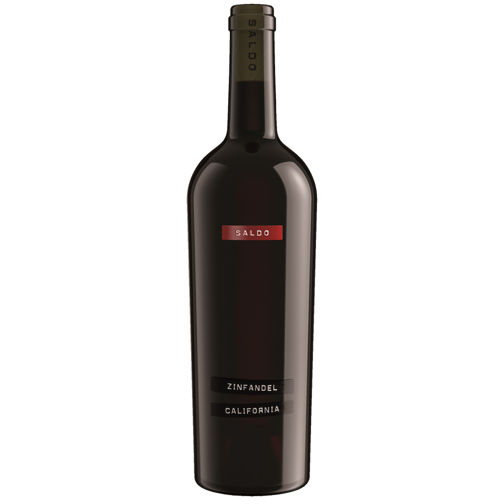 A bottle of SALDO Zinfandel California, featuring a dark glass bottle with a red and black label, on a solid white background.
