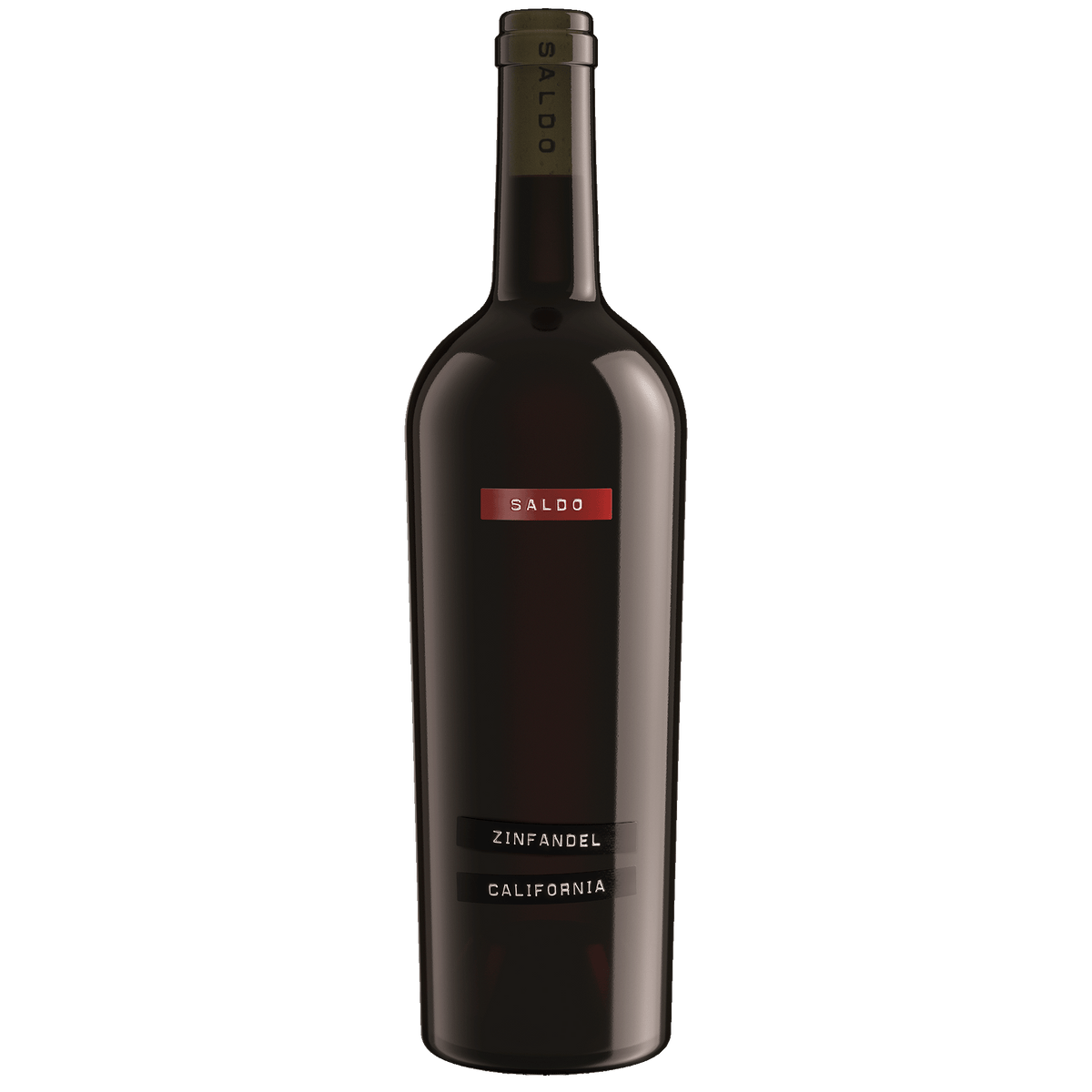 A bottle of SALDO Zinfandel California, featuring a dark glass bottle with a red and black label, on a solid white background.