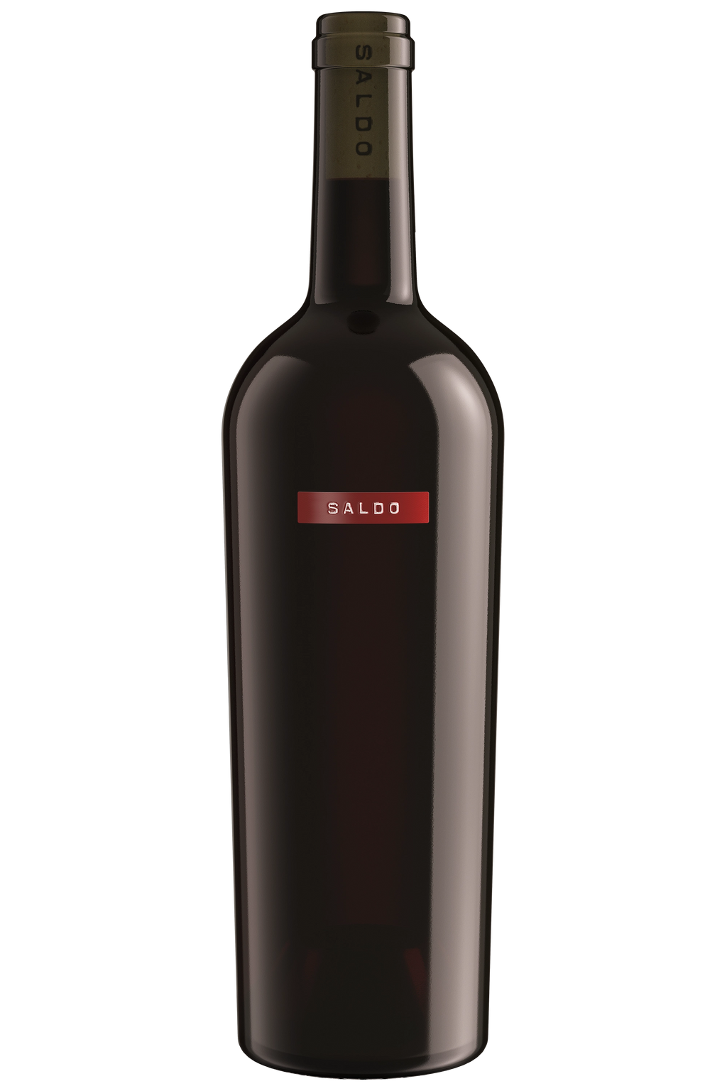 A dark glass wine bottle with a red rectangular label reading 'SALDO' shown on a plain white background.