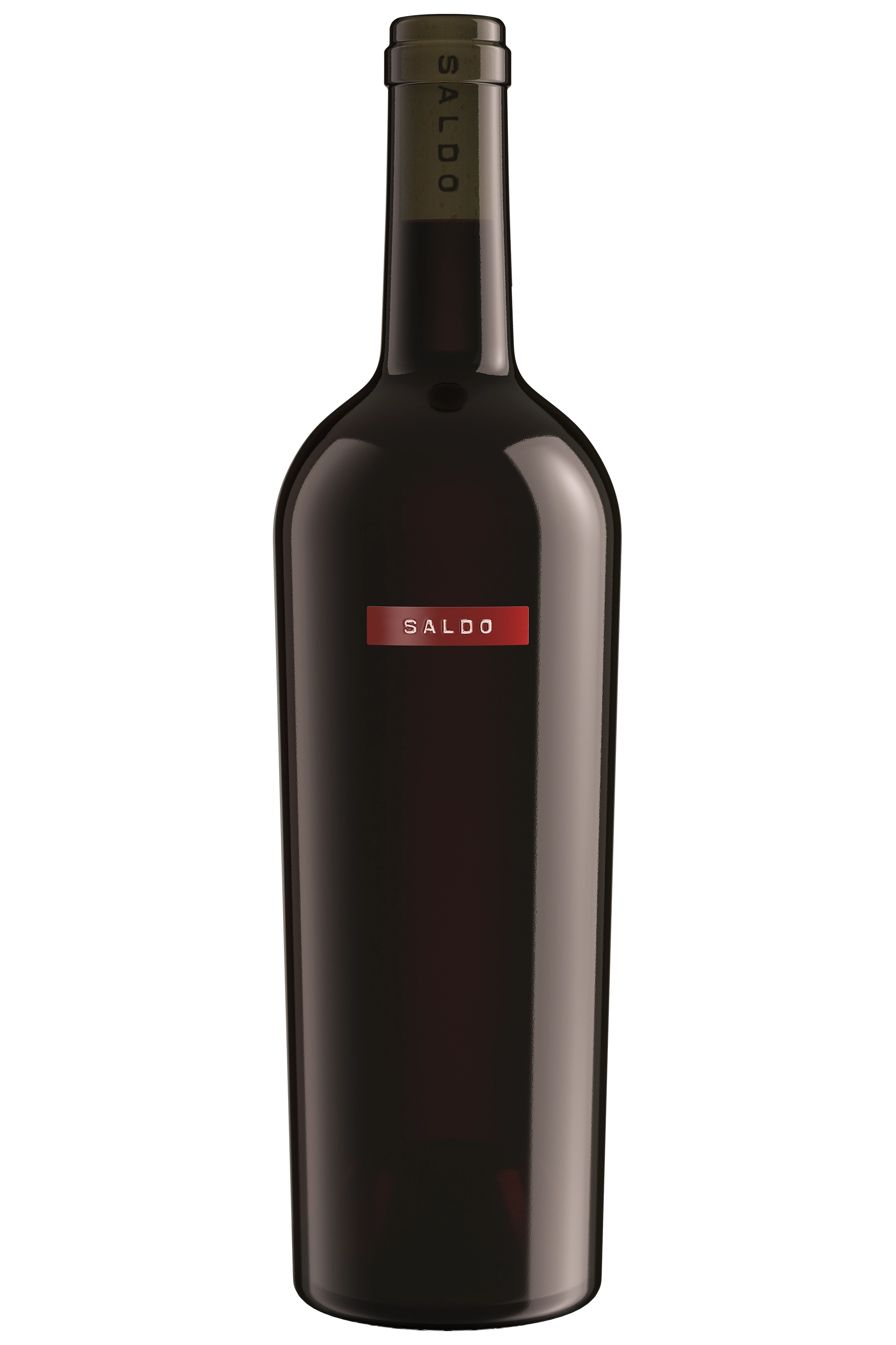 A dark glass wine bottle with a red rectangular label reading 'SALDO' shown on a plain white background.