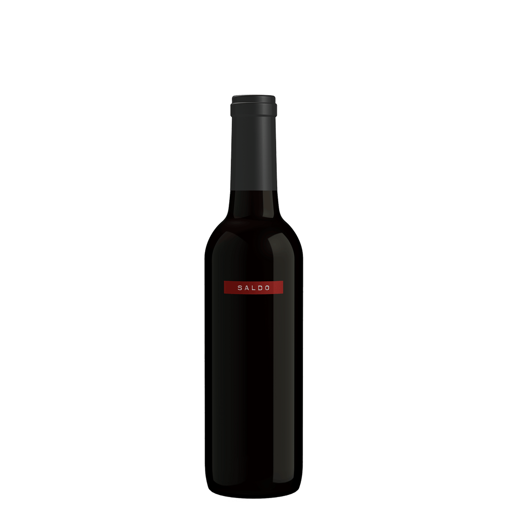 A dark glass wine bottle with a black capsule and a small red label reading SALDO, centered on a plain white background.