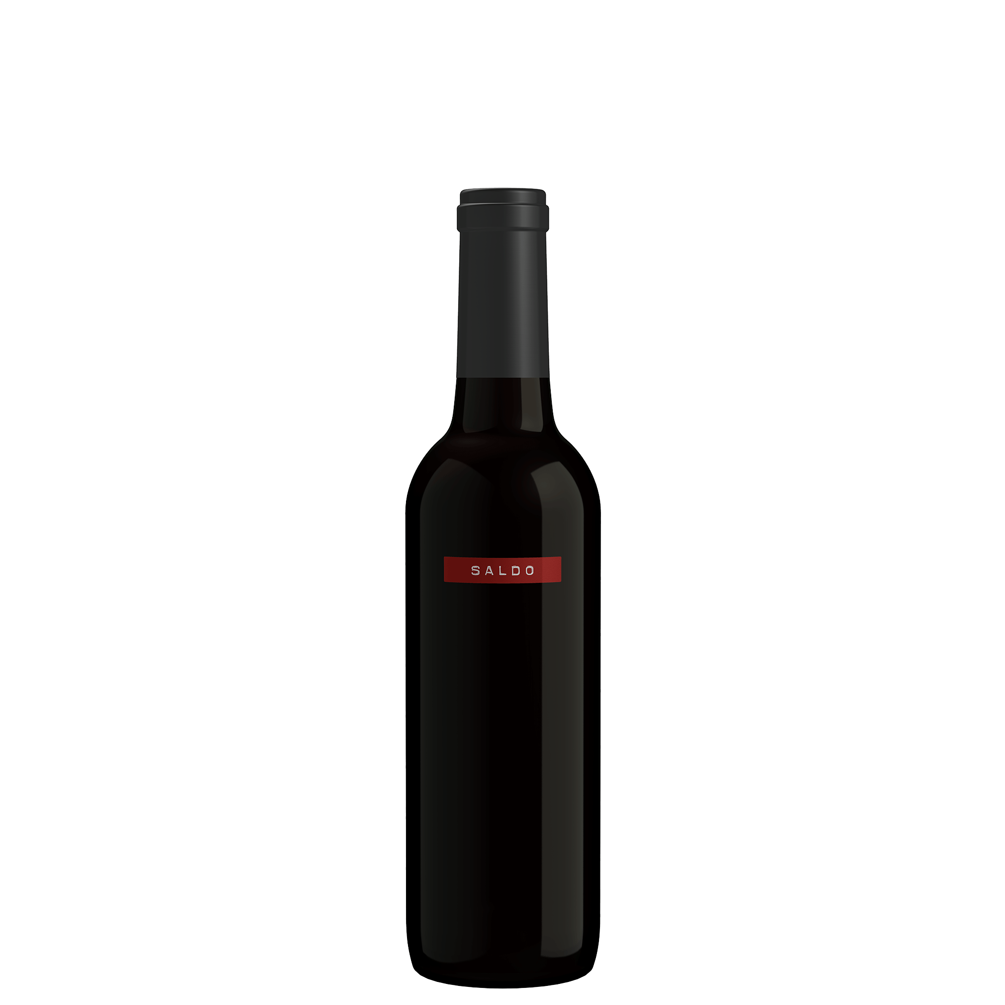 A dark glass wine bottle with a black capsule and a small red label reading SALDO, centered on a plain white background.