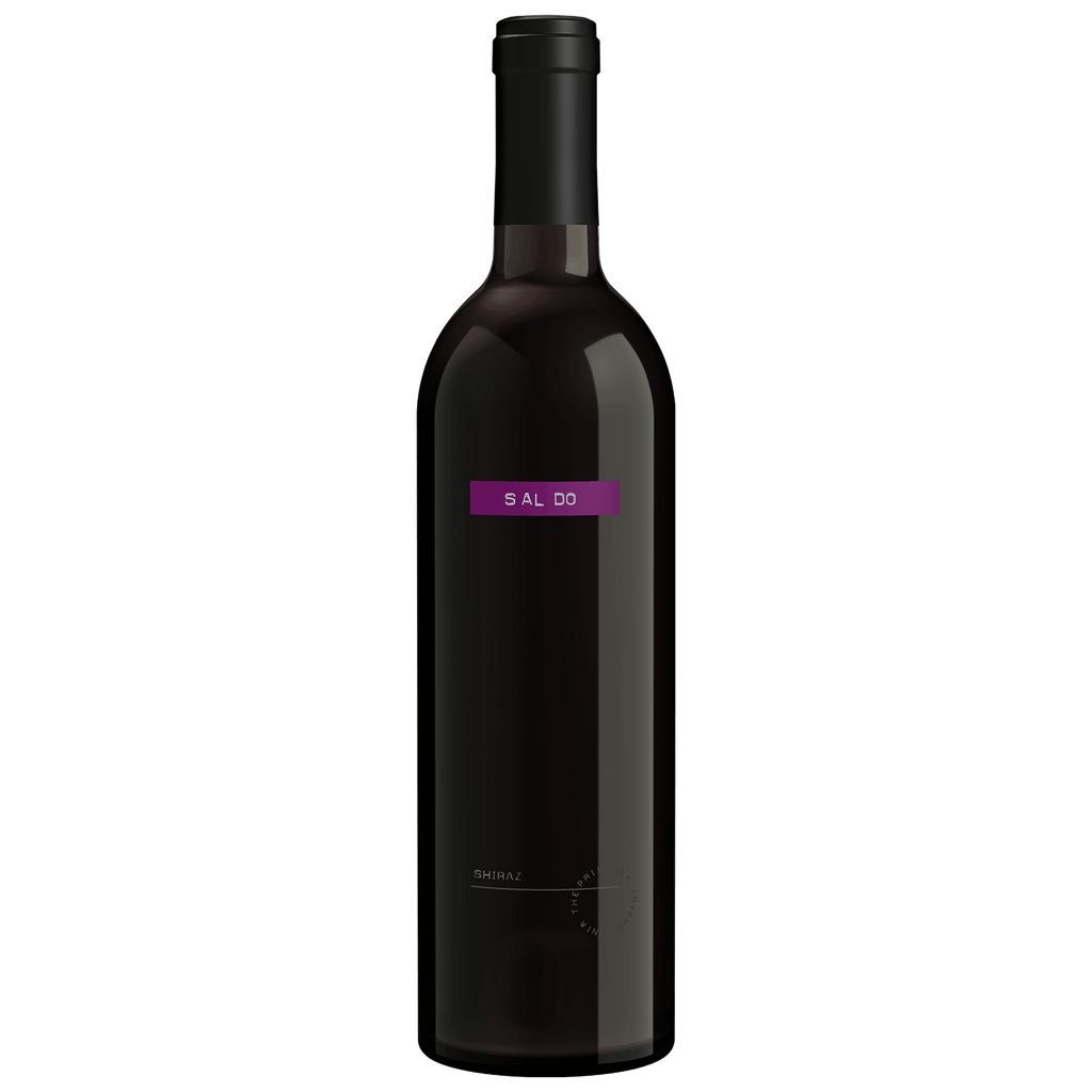 A dark glass wine bottle with a black cap and a purple label band reading 'SALDO', shown against a plain white background.