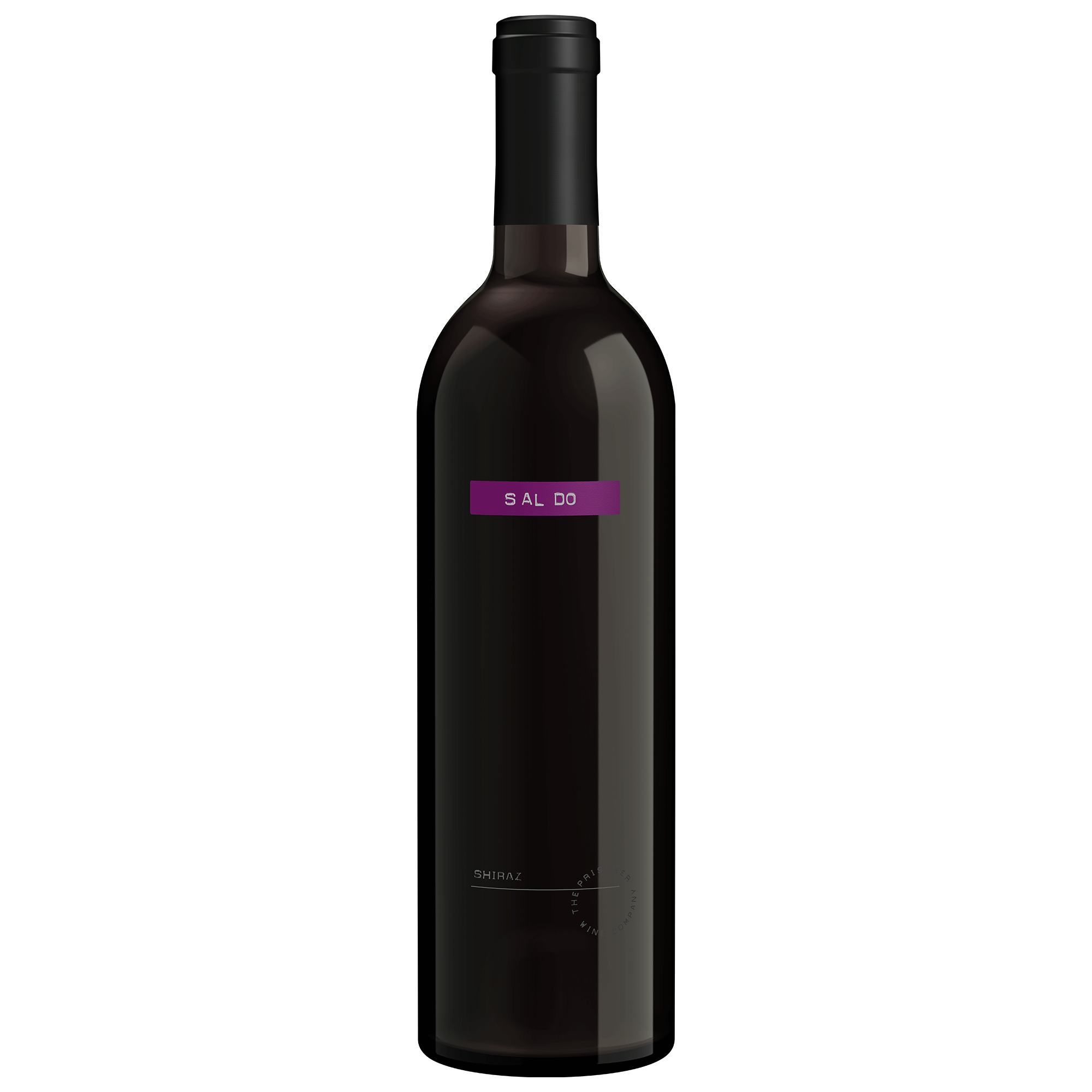 A dark glass wine bottle with a black cap and a purple label band reading 'SALDO', shown against a plain white background.