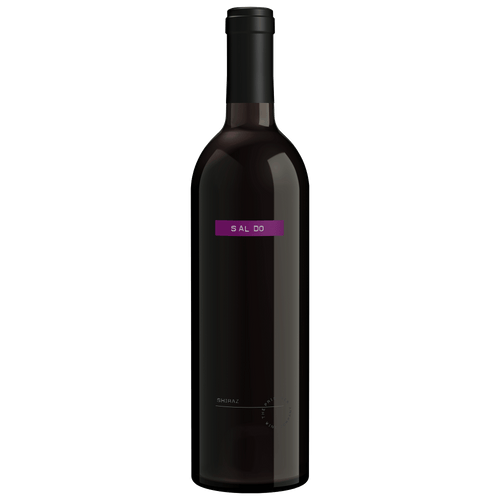 A dark glass wine bottle with a black cap and a purple label band reading 'SALDO', shown against a plain white background.