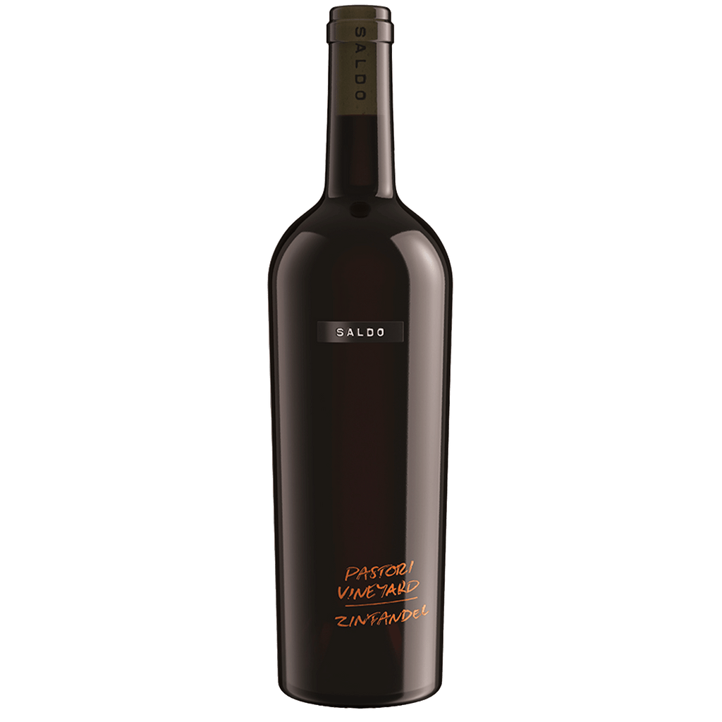 A dark glass bottle of SALDO wine with "Pastori Vineyard Zinfandel" handwritten towards the bottom, photographed against a blank background.