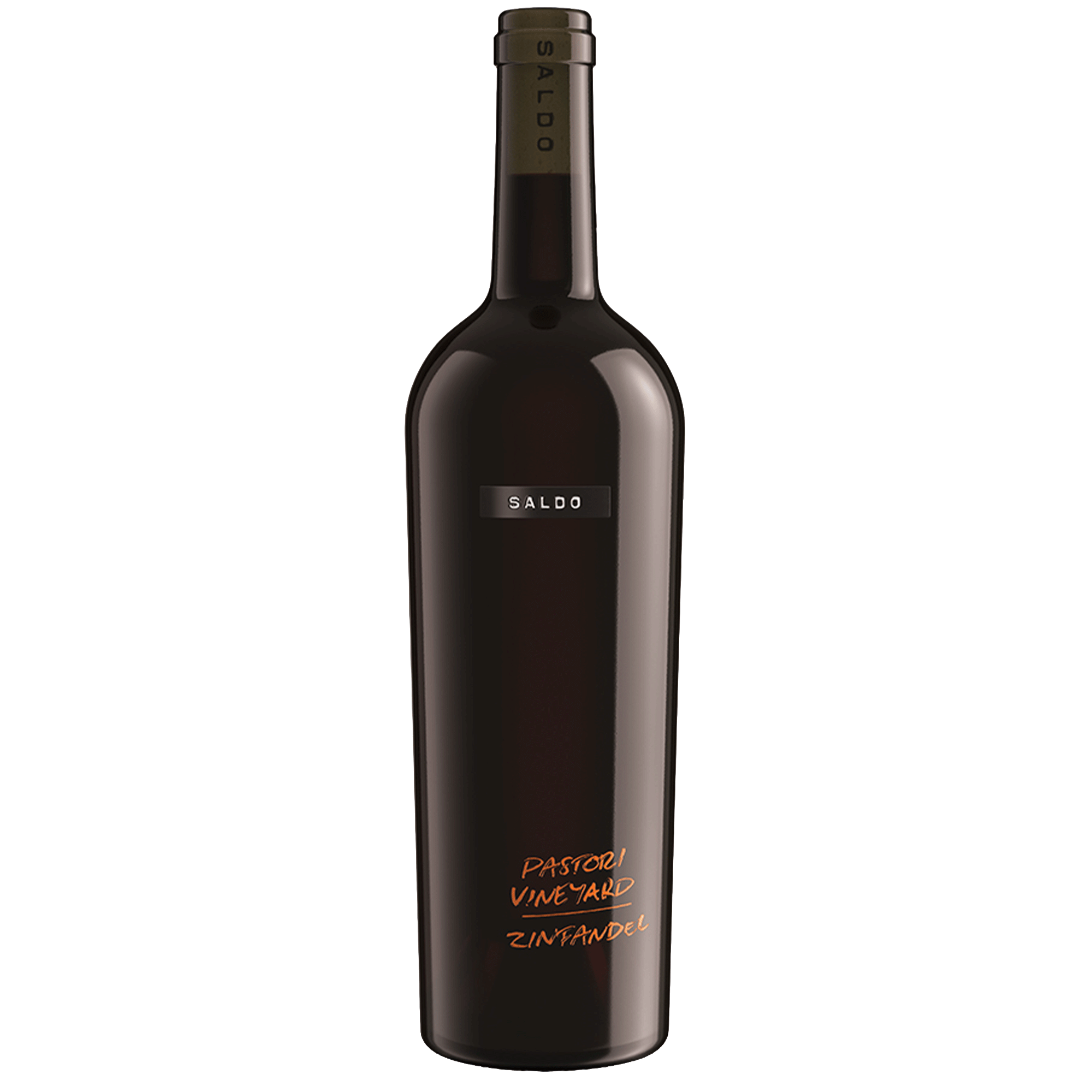 A dark glass bottle of SALDO wine with "Pastori Vineyard Zinfandel" handwritten towards the bottom, photographed against a blank background.