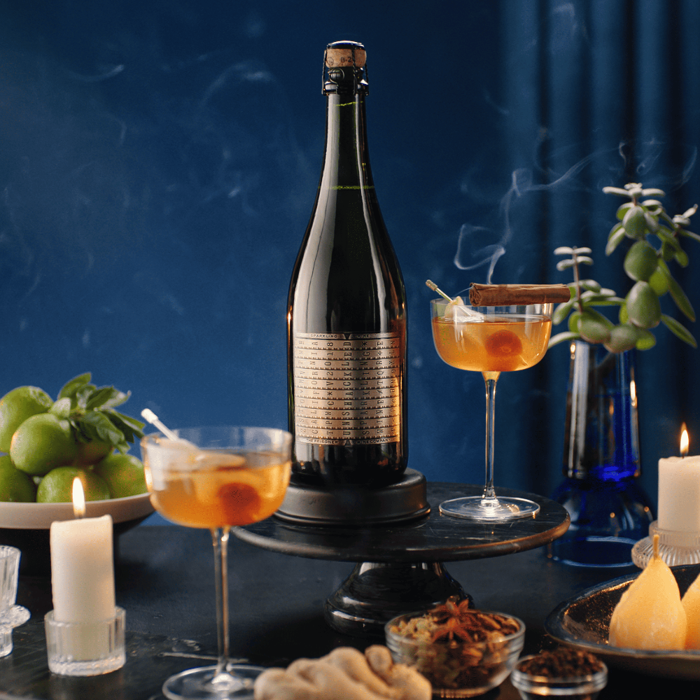 A bottle of Unshackled sparkling wine on a table with cocktails, fruit, and spices 