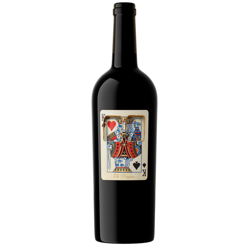 A bottle of The Prisoner 2022 Corrections with a playing card design on the front label, featuring a red heart and black aces, set against a plain white background.