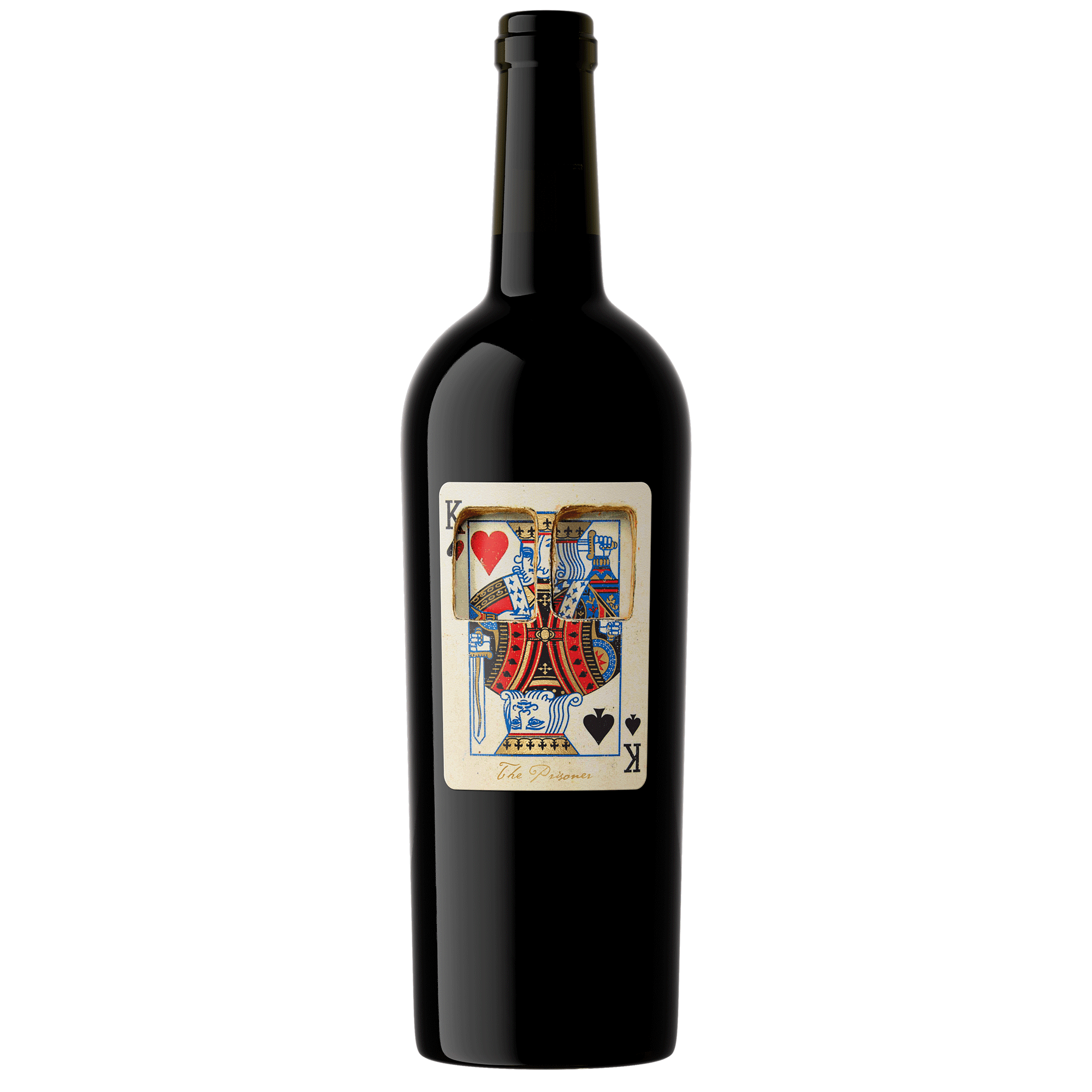 A bottle of The Prisoner 2022 Corrections with a playing card design on the front label, featuring a red heart and black aces, set against a plain white background.