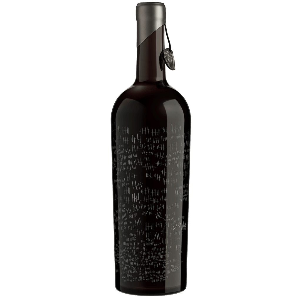 A bottle of The Prisoner Derange Red Blend Napa Valley with a black capsule, featuring white handwritten-style hashmarks printed all over the body and a small hanging tag near the seal, shown on a plain white background.