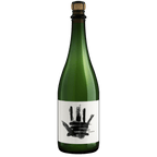 A bottle of The Prisoner Erased Sparkling with a cork stopper and a white label featuring a black handprint design, isolated on a white background.