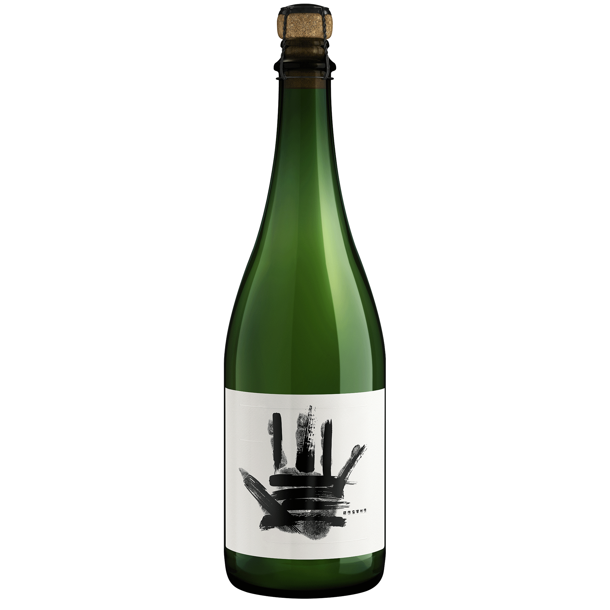 A bottle of The Prisoner Erased Sparkling with a cork stopper and a white label featuring a black handprint design, isolated on a white background.
