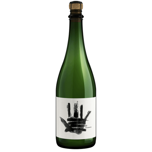 A bottle of The Prisoner Erased Sparkling with a cork stopper and a white label featuring a black handprint design, isolated on a white background.