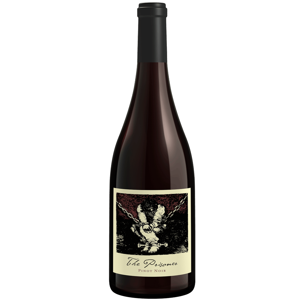 A bottle of The Prisoner Pinot Noir red wine, featuring a dark glass bottle with a black capsule and a cream-colored label with a black and red graphic illustration.