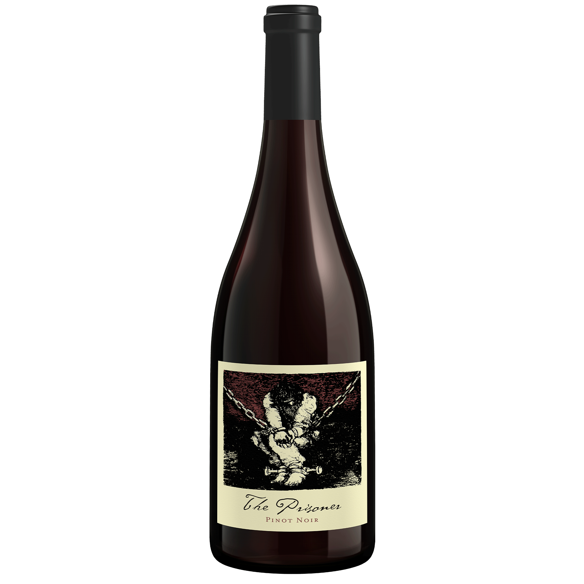 A bottle of The Prisoner Pinot Noir red wine, featuring a dark glass bottle with a black capsule and a cream-colored label with a black and red graphic illustration.