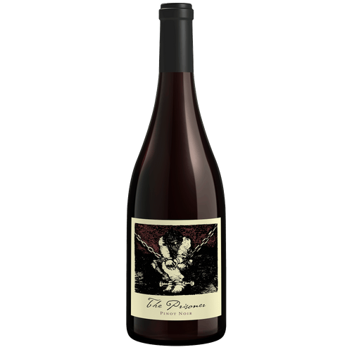 A bottle of The Prisoner Pinot Noir red wine, featuring a dark glass bottle with a black capsule and a cream-colored label with a black and red graphic illustration.