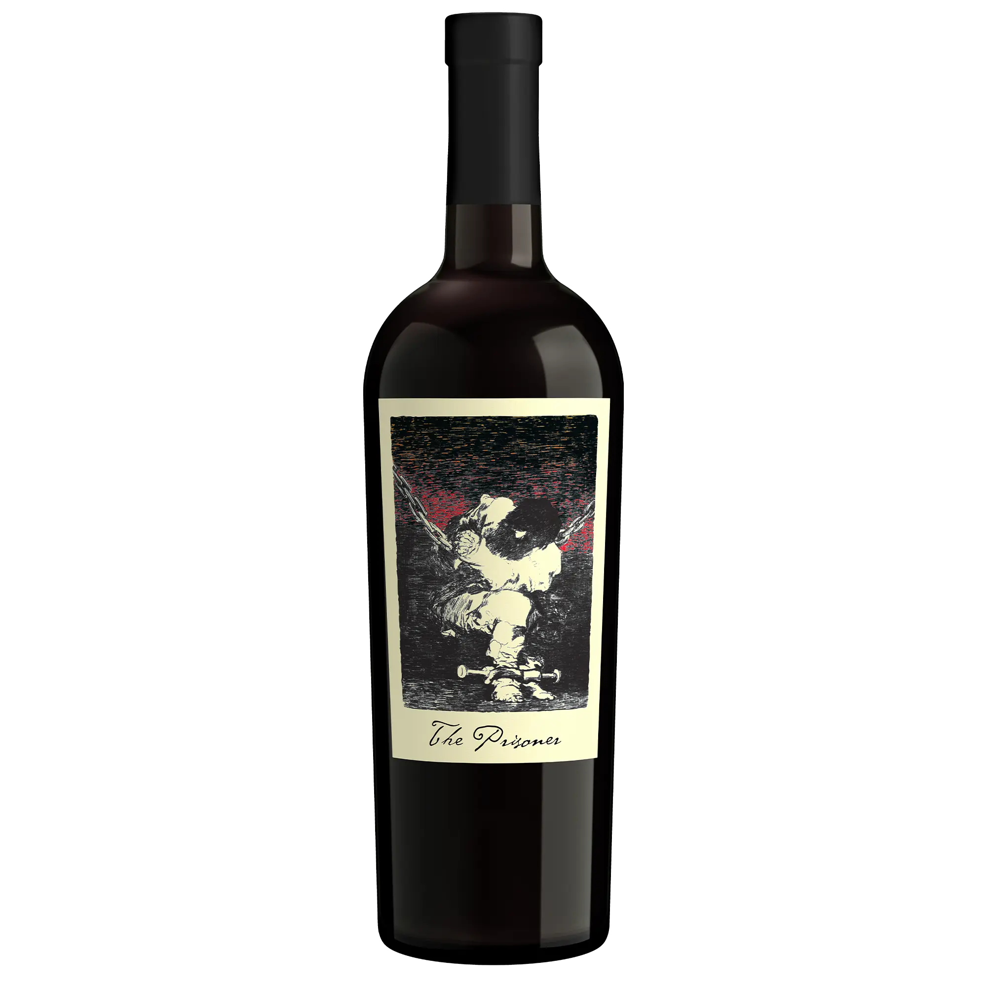 A bottle of red wine with a black cap and a cream-colored label featuring a black and white illustration of a Goya's The Prisoner