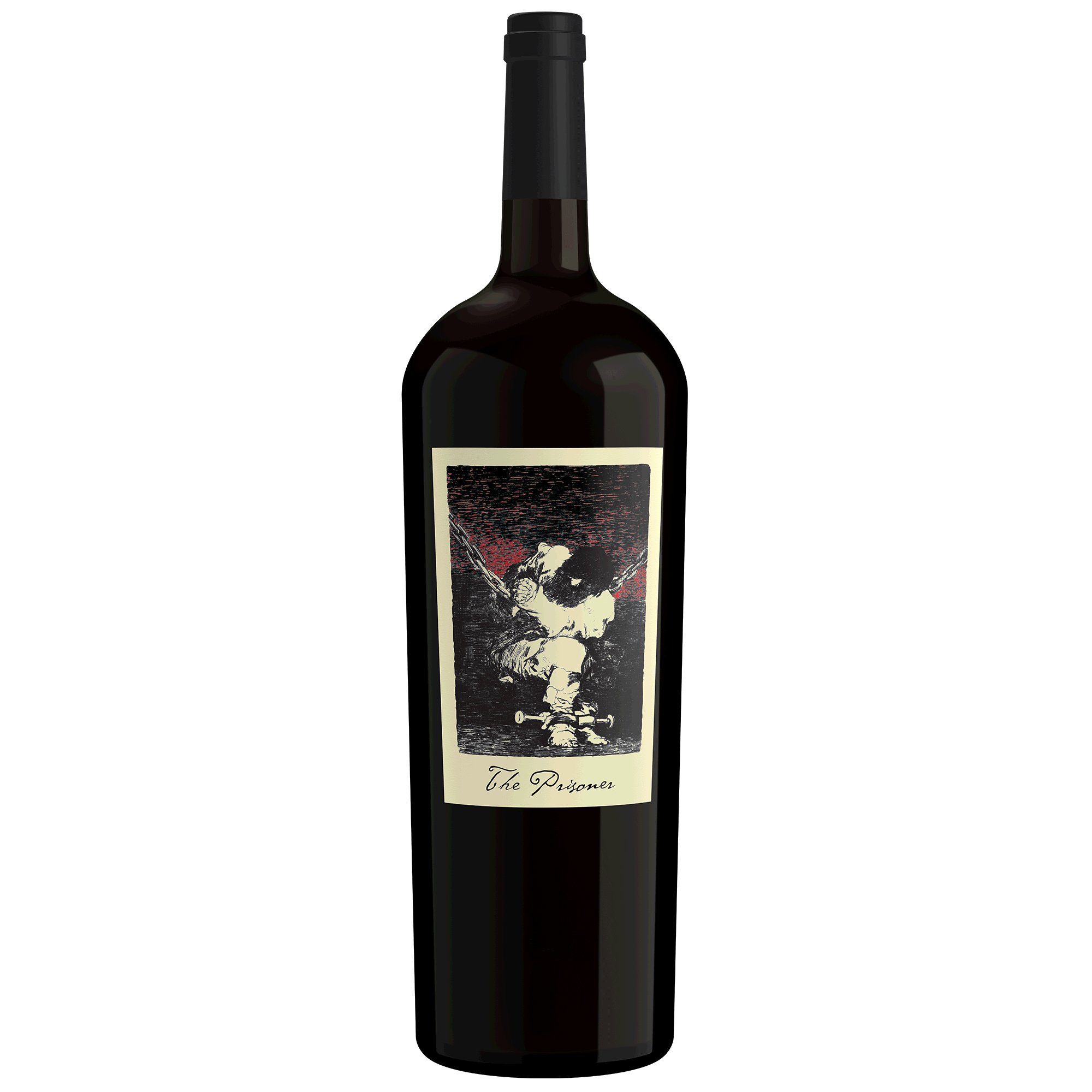 A magnum 1.5L bottle of The Prisoner Red Blend on a blank background