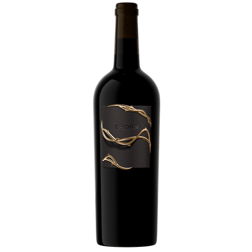 A dark glass wine bottle with a black label featuring a gold vine design and the brand name THORN, set against a plain white background.