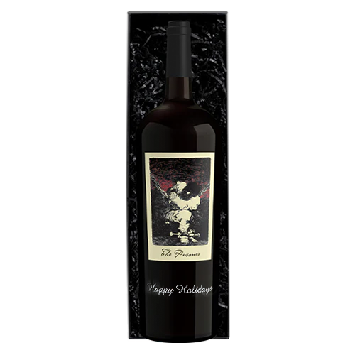 The Prisoner Red Blend Magnum Etched with "Happy Holidays" in a black gift box