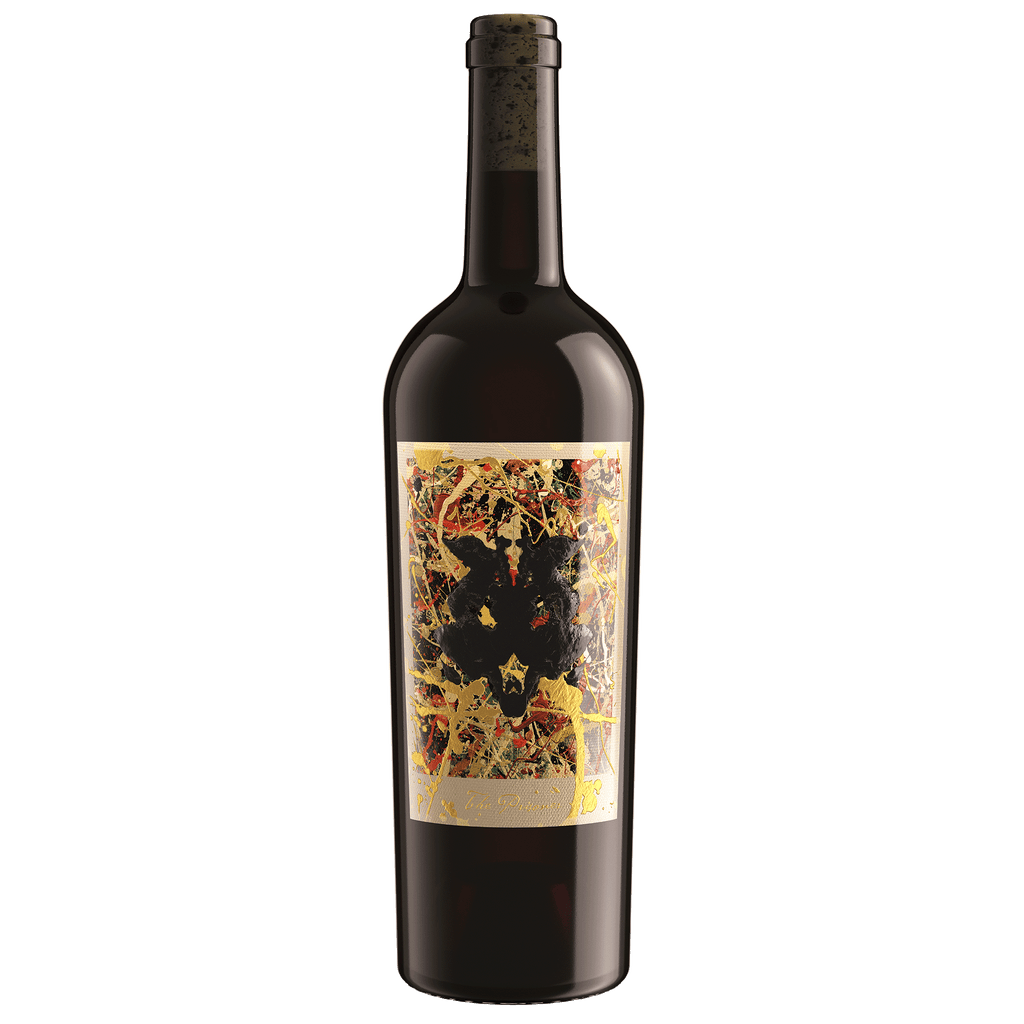 A bottle of The Prisoner Winemaker Series Red Wine with a colorful abstract label featuring a black bird and gold, red, and yellow details, set against a plain white background.