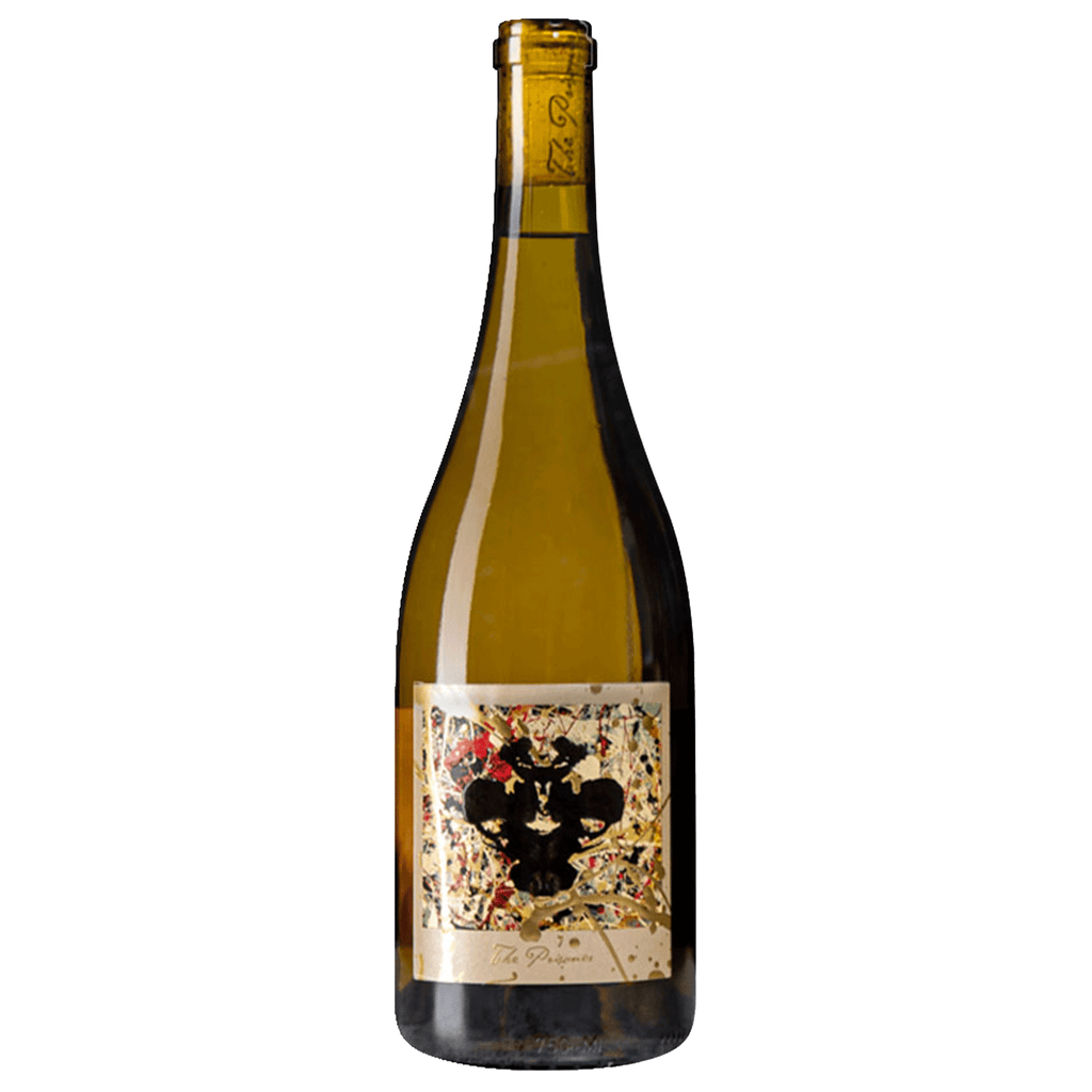A bottle of The Prisoner Winemaker Series Sweet White wine in a dark olive-green glass bottle with a cream-colored label featuring a black floral emblem and colorful abstract details, set against a plain white background.