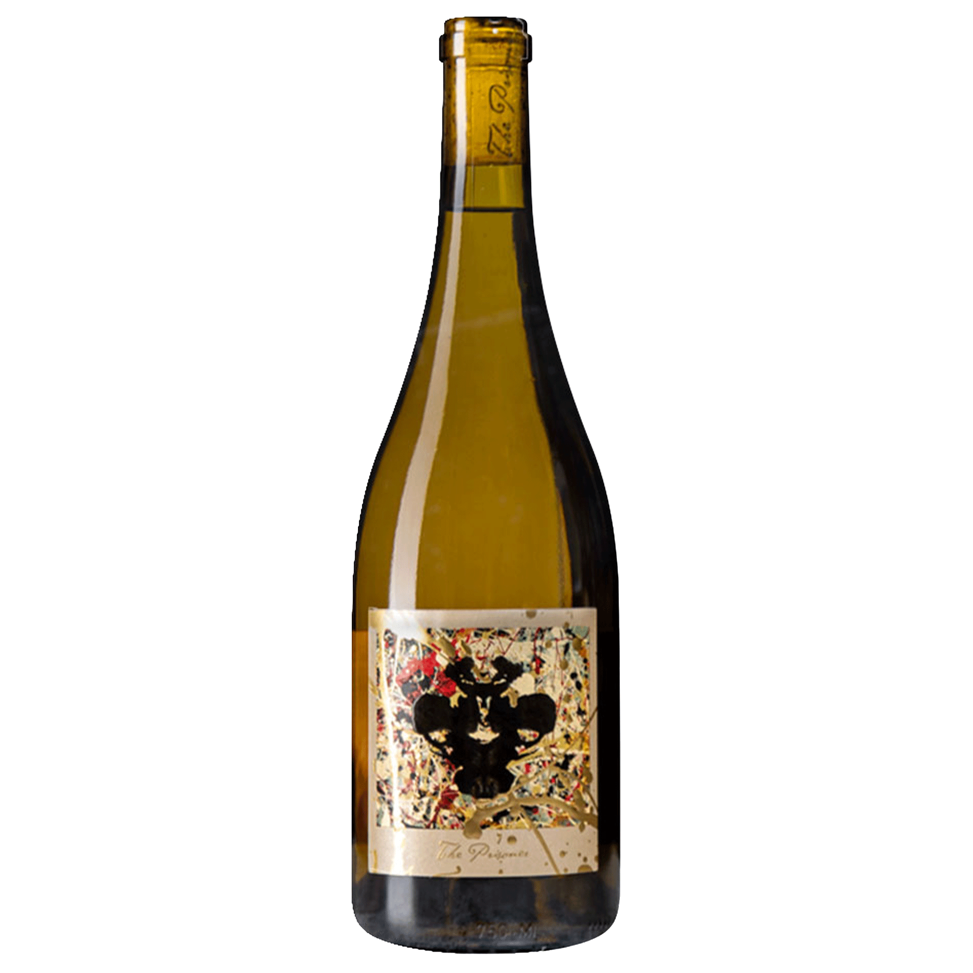 A bottle of The Prisoner Winemaker Series Sweet White wine in a dark olive-green glass bottle with a cream-colored label featuring a black floral emblem and colorful abstract details, set against a plain white background.