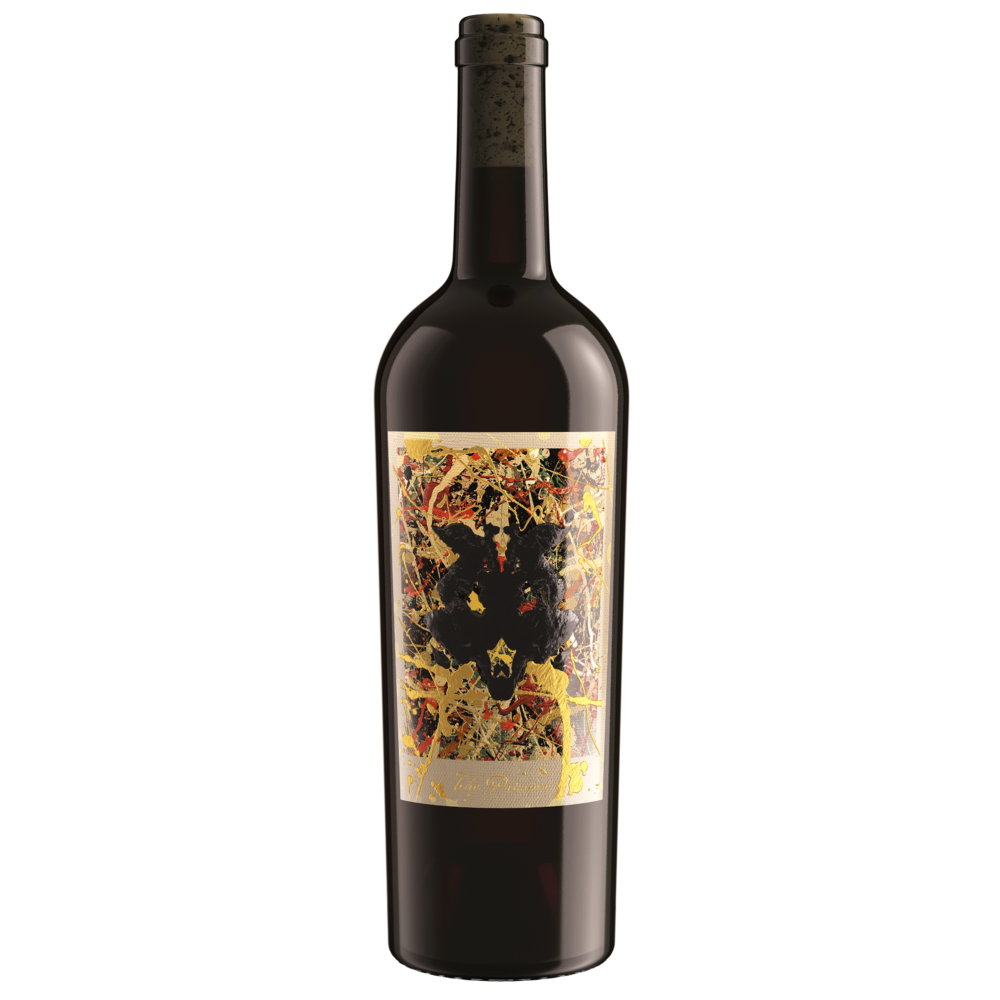 A bottle of The Prisoner Winemaker Series Syrah with a colorful abstract label featuring black and gold details, isolated on a white background.